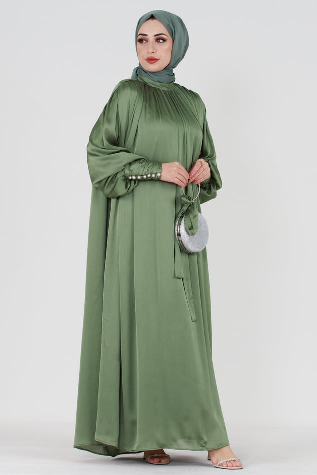 Pistachio Green Modest Evening Gown with Detailed Cape and Pearl Sleeves.