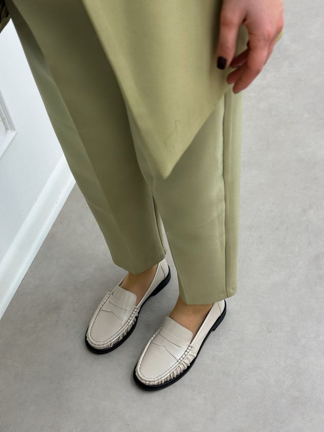 Bej Kırışık Deri (Barry) Saraç Detaylı Düz Taban Kadın Loafer