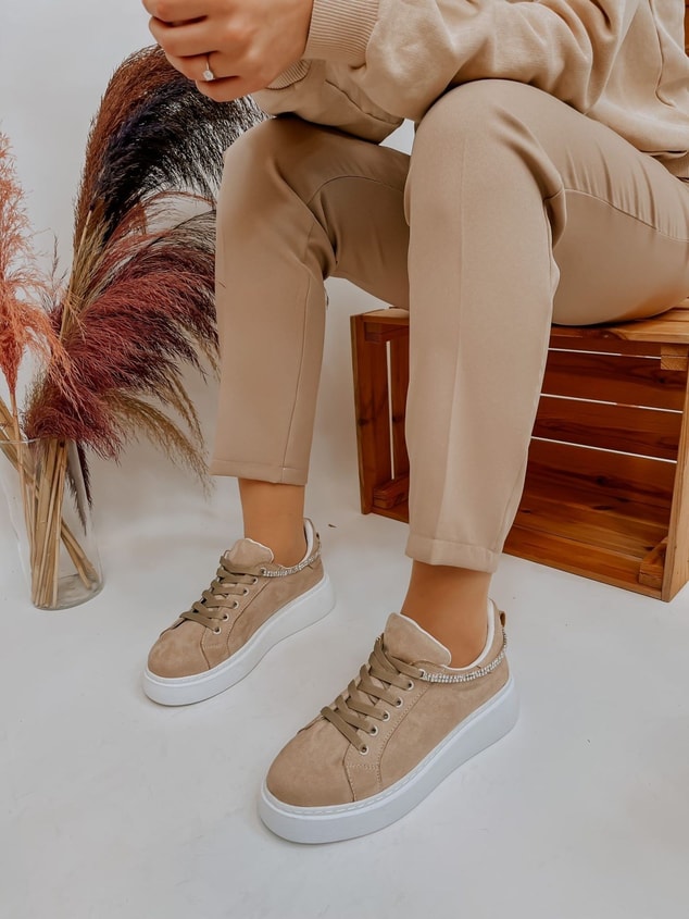 Bej Süet (Jersey) Taş Detay Kadın Bağcıklı Sneakers