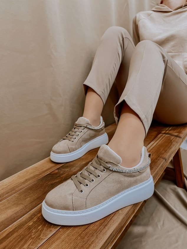 Bej Süet (Jersey) Taş Detay Kadın Bağcıklı Sneakers