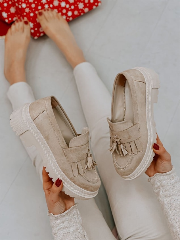Bej Süet (Tassel) Püskül Detay Kadın Loafer