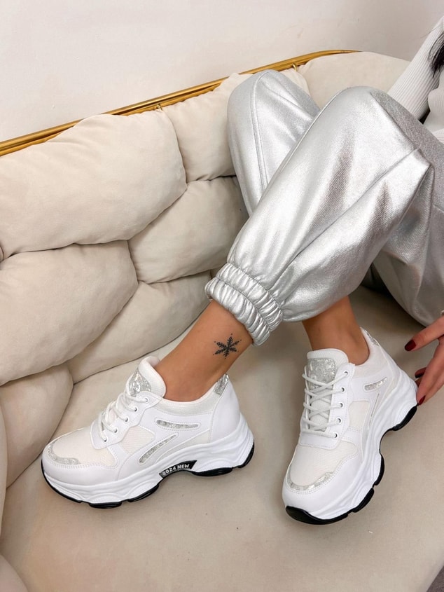 Beyaz Cilt (Leo) Leopar Detaylı Kadın Bağcıklı Sneakers
