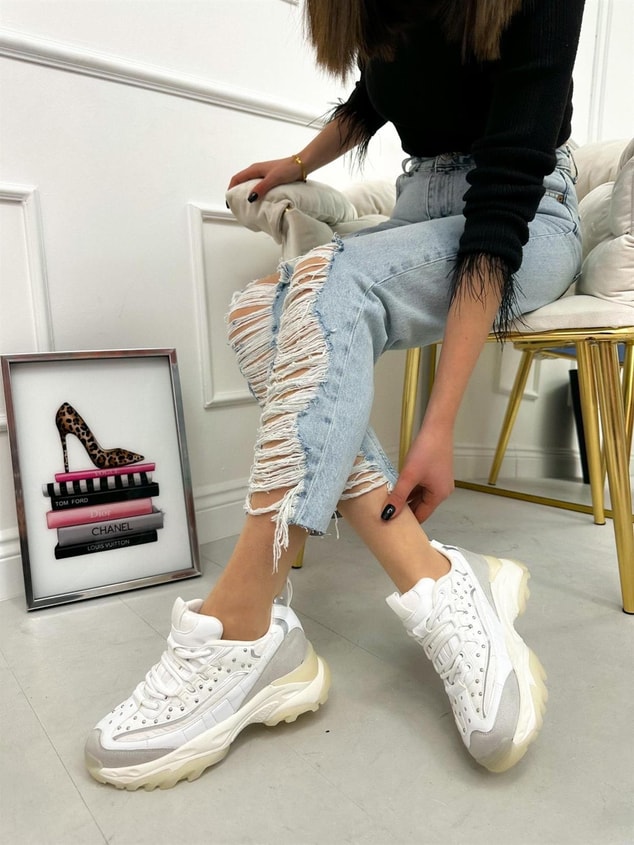 Beyaz Cilt (Welss) Trok Detay Kadın Bağcıklı Sneakers