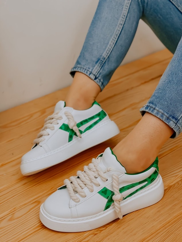 Beyaz Yeşil (Kansas) Kadın Bağcıklı Sneakers