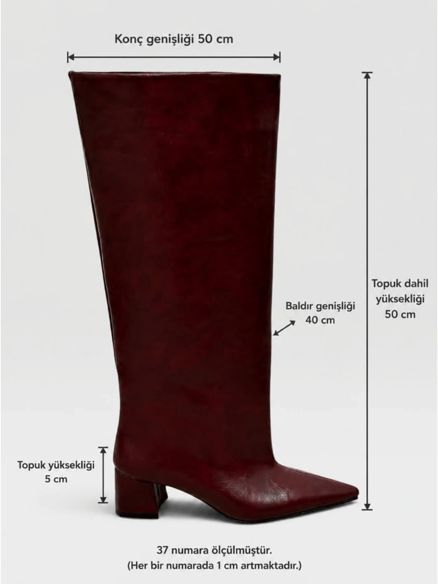 Bordo Cilt (Losy) XL Geniş Konç Kalın Bacak 5 Cm Topuklu Çizme