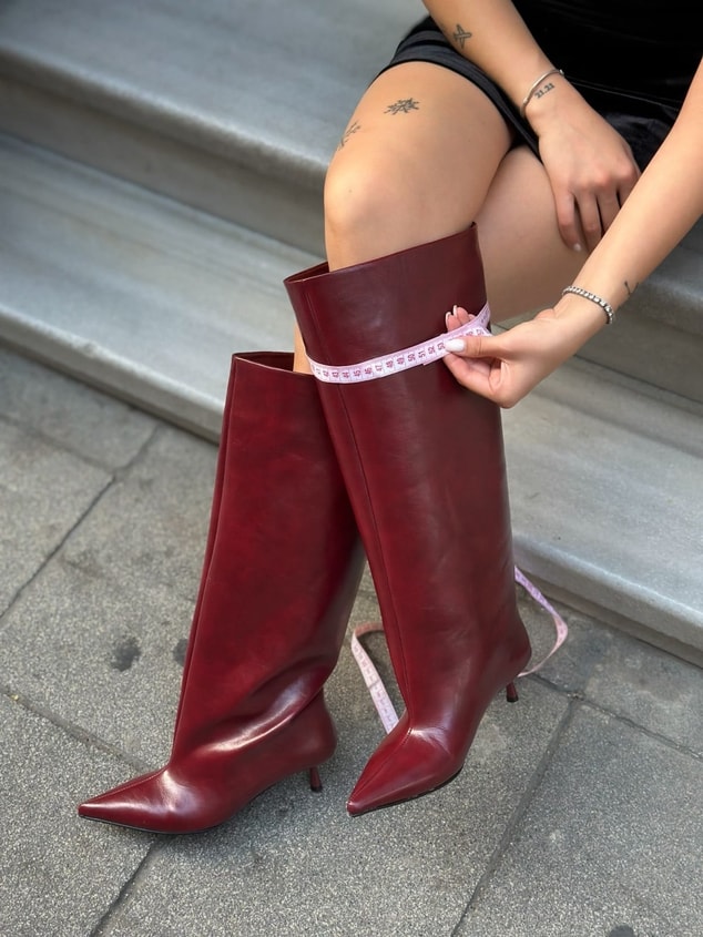 Bordo Cilt (Veray) XL Oversize Kalın Baldır 5 Cm Mini Topuk Çizme