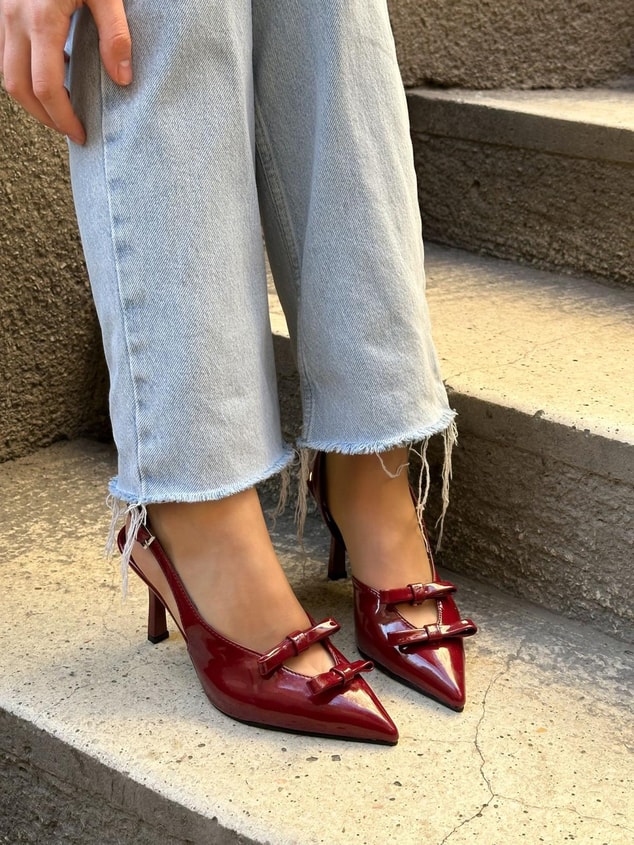Bordo Rugan (Ella) Çift Fiyonklu Kadın Stiletto