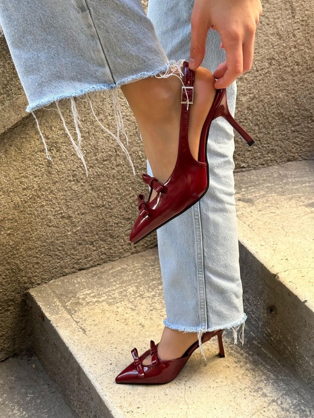 Bordo Rugan (Ella) Çift Fiyonklu Kadın Stiletto