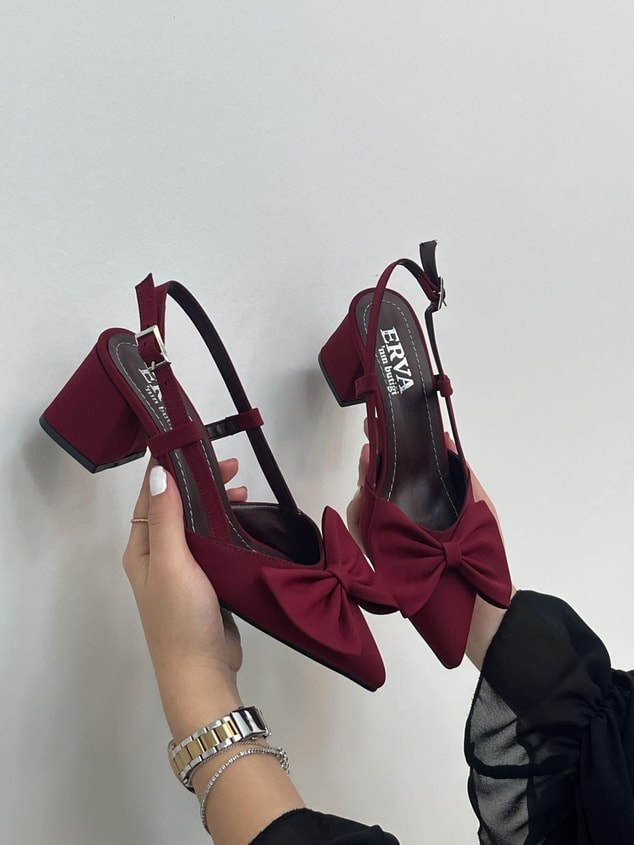 Bordo Saten (Fairy) Fiyonk Detay Kadın Topuklu Ayakkabı