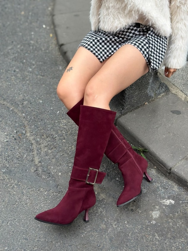 Bordo Süet (Lavinia) Gümüş Toka Detay  7 cm Kadın Topuklu Çizme