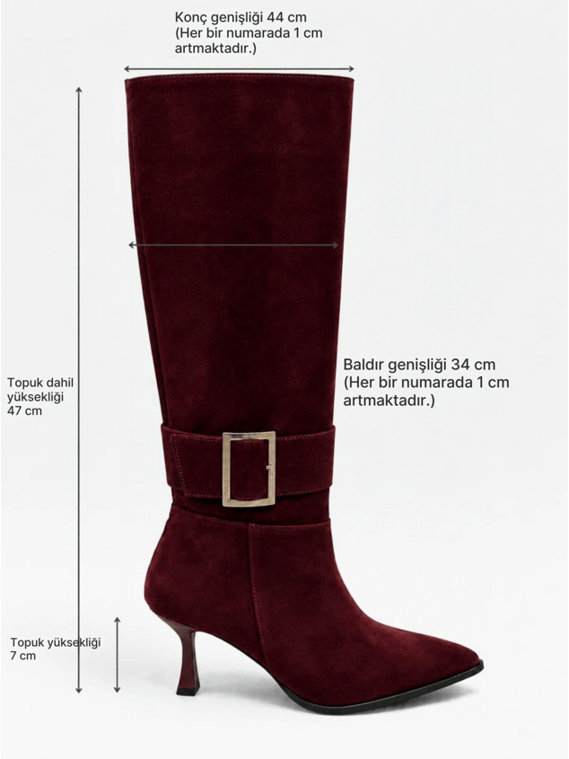 Bordo Süet (Lavinia) Gümüş Toka Detay  7 cm Kadın Topuklu Çizme