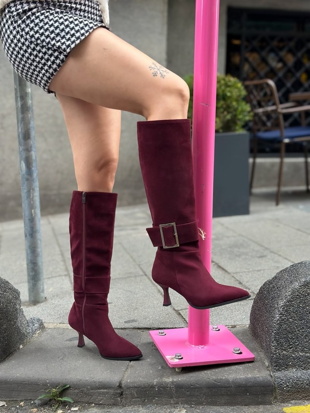 Bordo Süet (Lavinia) Gümüş Toka Detay  7 cm Kadın Topuklu Çizme