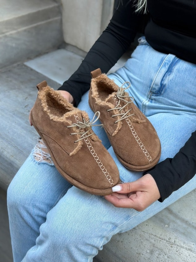 Camel Hakiki Deri (Sorry) İçi Peluş Bağcıklı Kadın Ayakkabı