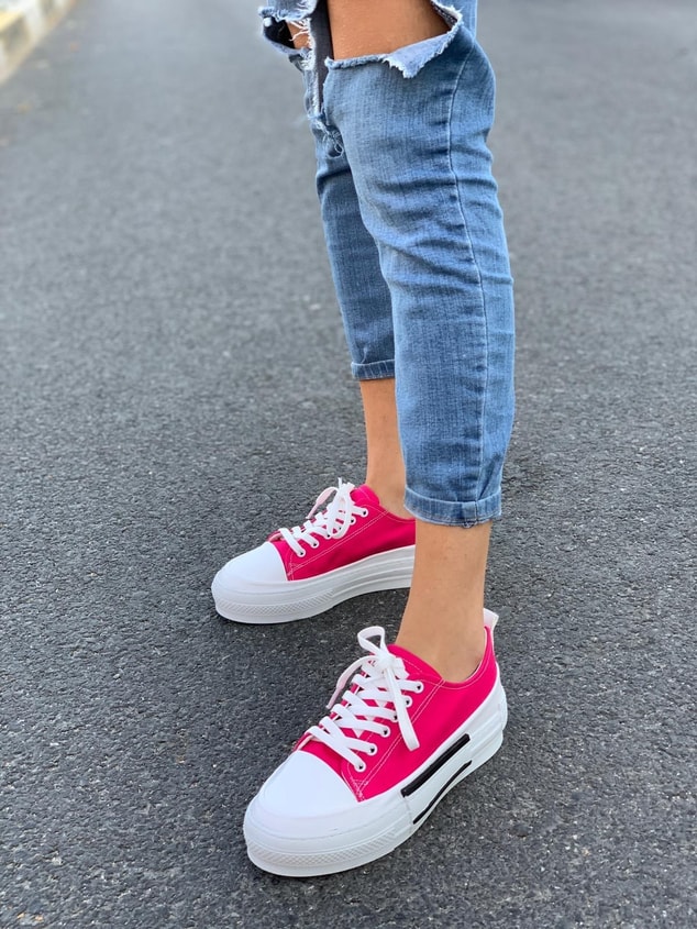 Fuşya Deri (Blackberry) Kadın Yüksek Tabanlı Sneakers
