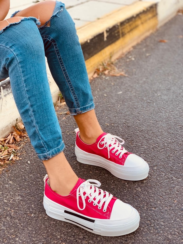 Fuşya Deri (Blackberry) Kadın Yüksek Tabanlı Sneakers