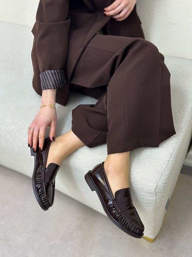 Kahve Kırışık Deri (Barry) Saraç Detaylı Düz Taban Kadın Loafer
