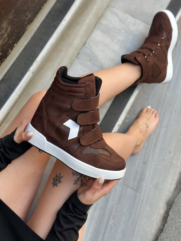 Kahve Süet (İsabe) Gizli Topuk Dolgu Topuk 7 Cm Boy Uzatan Sneakers