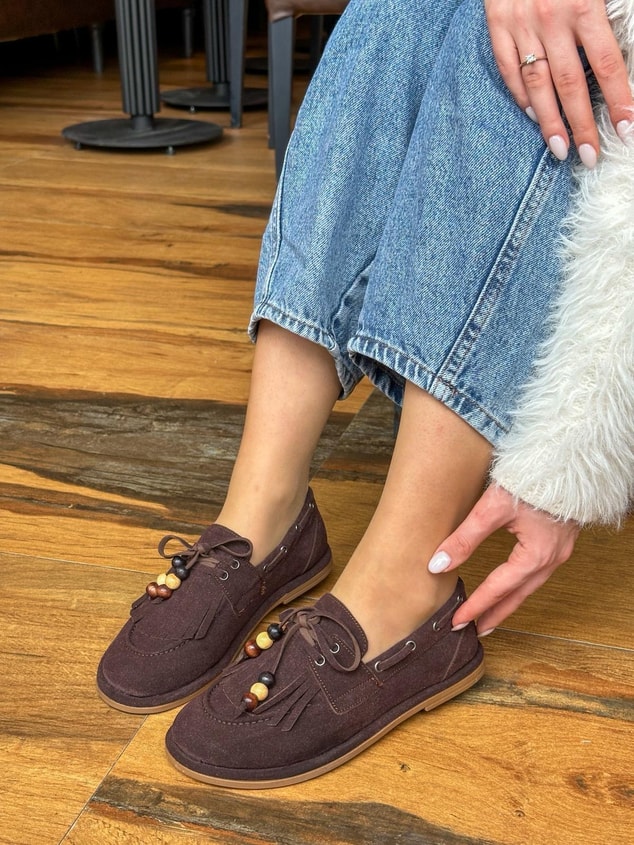 Kahve Süet (Shake) Saraçlı Boncuk Detay Kadın Loafer