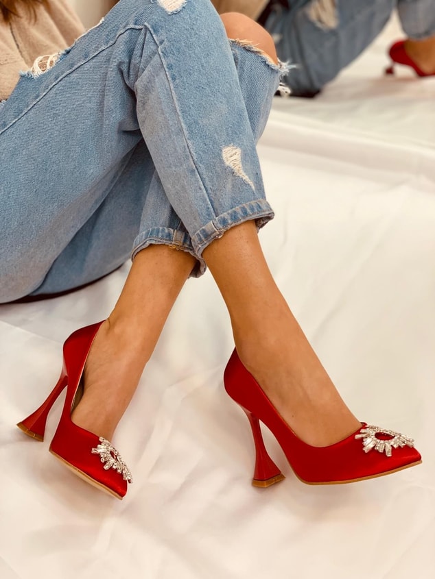 Kırmızı Saten (Sunx) Büyük Numara Kadın Stiletto