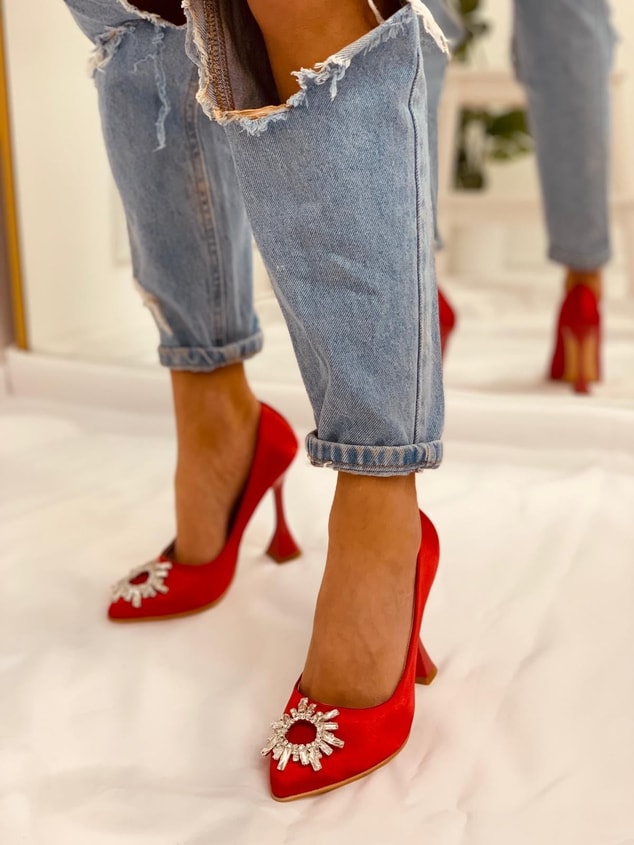 Kırmızı Saten (Sunx) Büyük Numara Kadın Stiletto