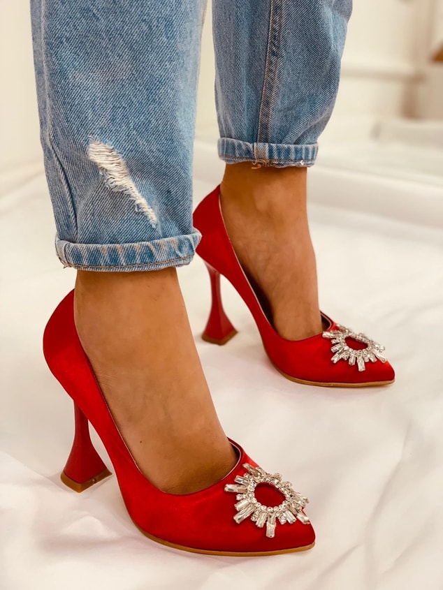 Kırmızı Saten (Sunx) Büyük Numara Kadın Stiletto