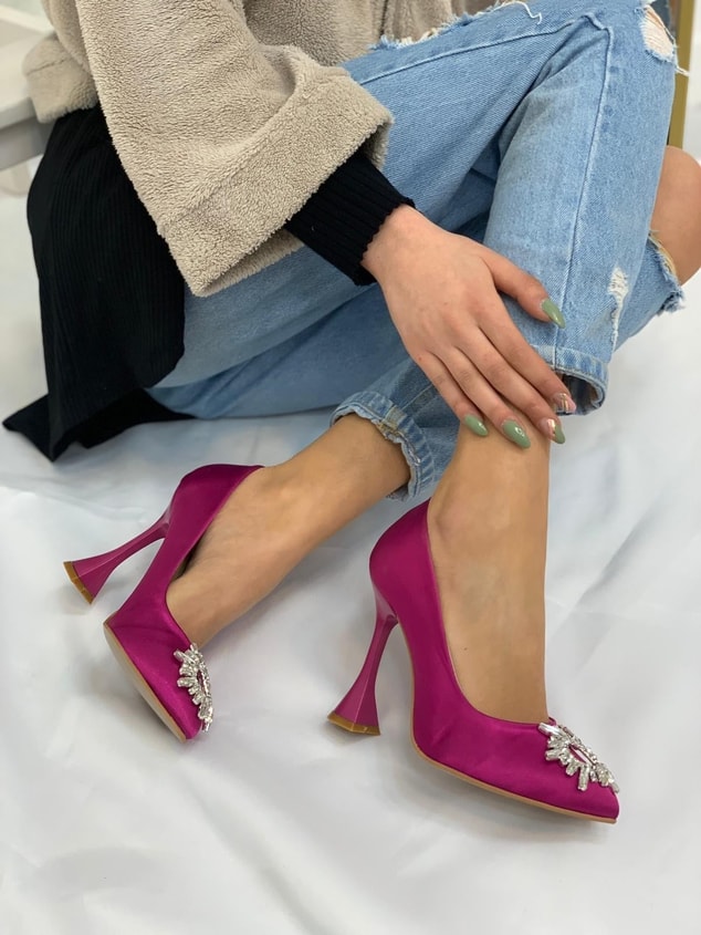 Mor Saten (Sunx) Büyük Numara Kadın Stiletto