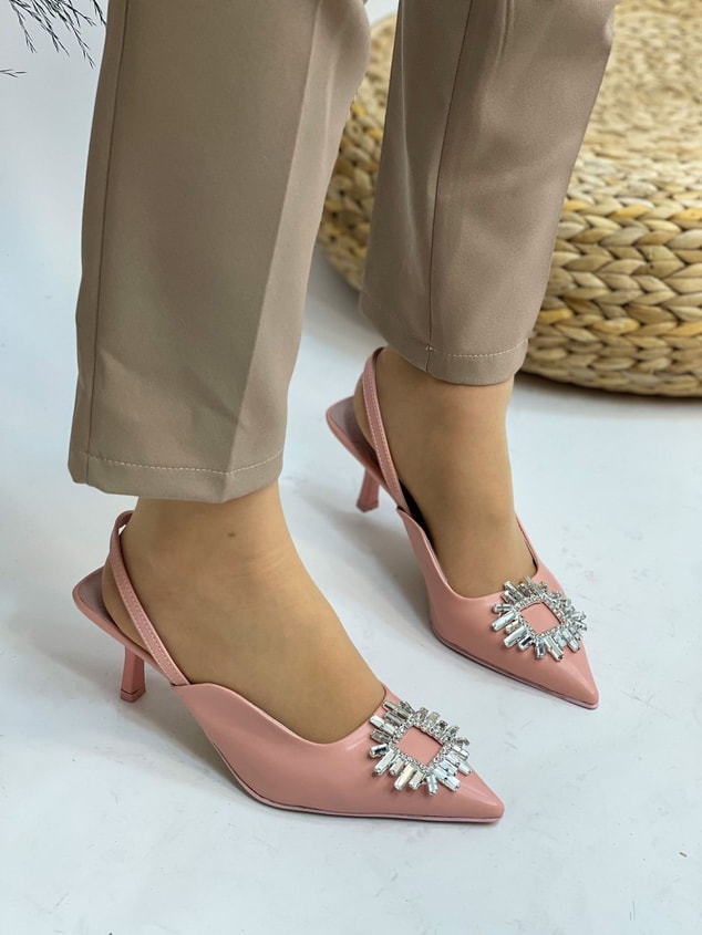 Pudra Deri (Cooper) Taş Detay Kadın Stiletto