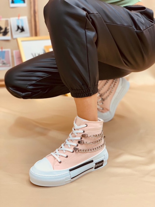 Pudra Keten (Misty) Zincir Detaylı Kadın Yüksek Tabanlı Sneakers