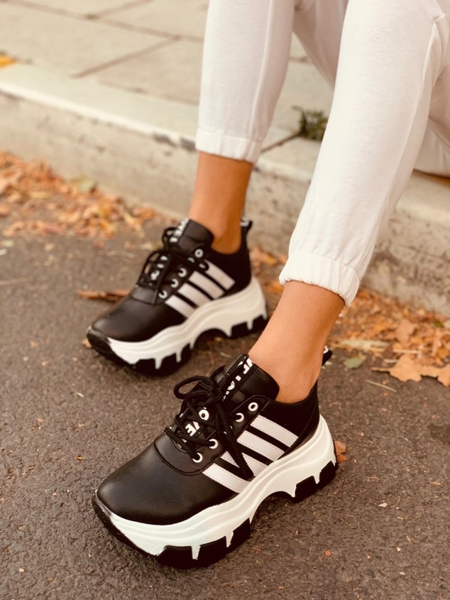Siyah - Beyaz (Teddy) SİYAH TABAN Kadın Spor Ayakkabı Sneakers