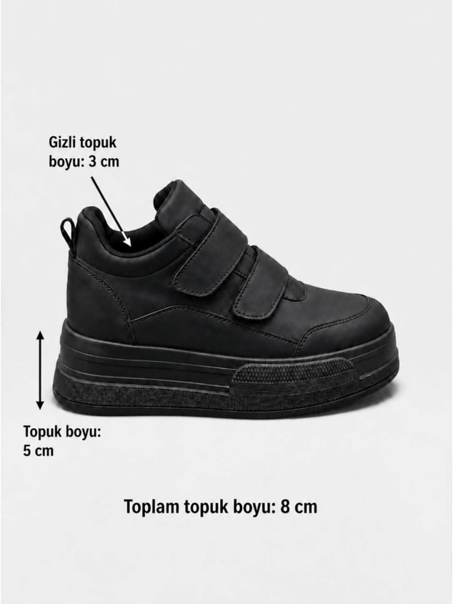 Siyah Cilt (Cerrely) Gizli Topuk Dolgu Topuk 8 Cm Boy Uzatan Sneakers