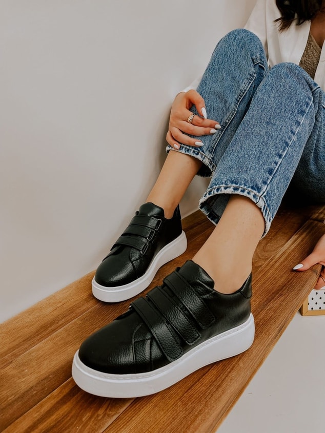 Siyah Deri (Montana) Kadın Cırtlı Sneakers