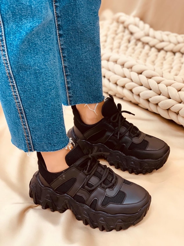Siyah Deri (Ripple) Kadın Bağcıklı Sneakers