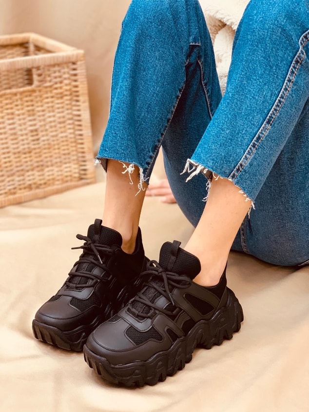 Siyah Deri (Ripple) Kadın Bağcıklı Sneakers