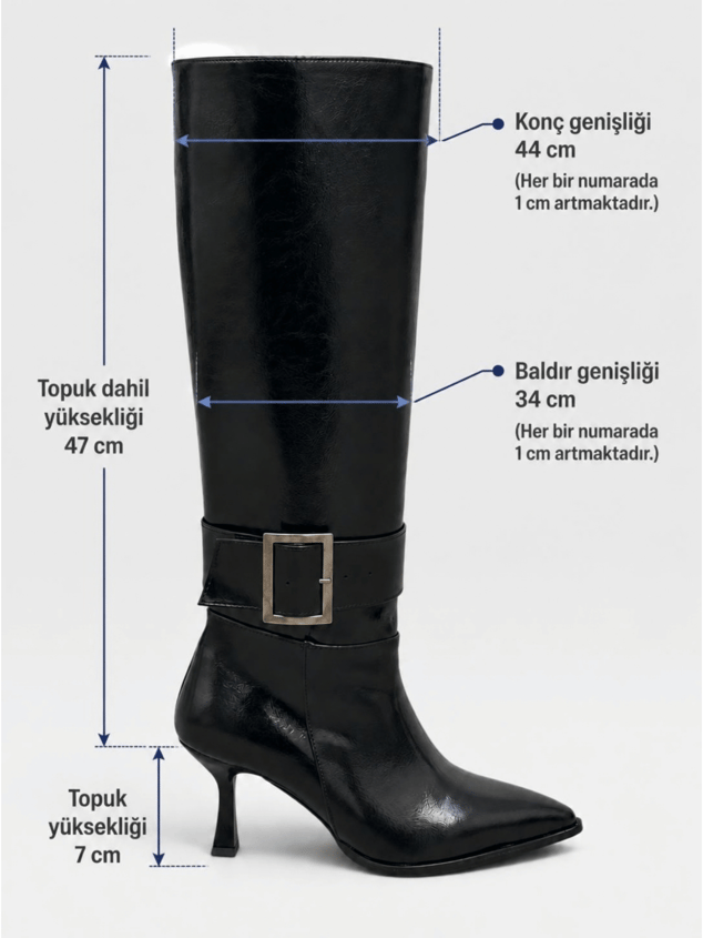 Siyah (Lavinia) Gümüş Toka Detay  7 cm Kadın Topuklu Çizme