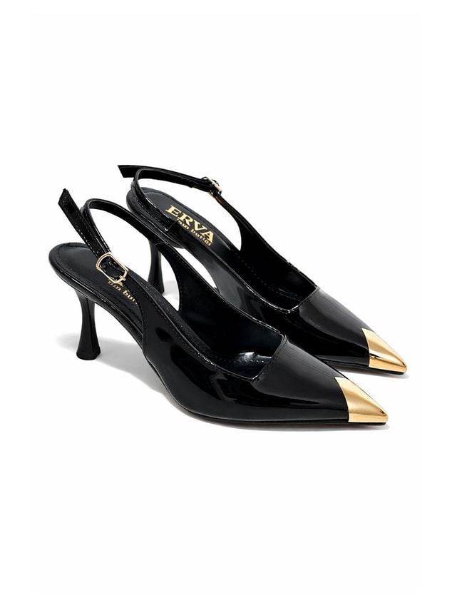 Siyah Rugan (Blue) Gold Metal Parça Detay Kadın Stiletto