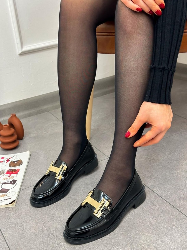 Siyah Rugan( Ellie) Gold Toka Detay Ortopedik Taban Kadın Loafer