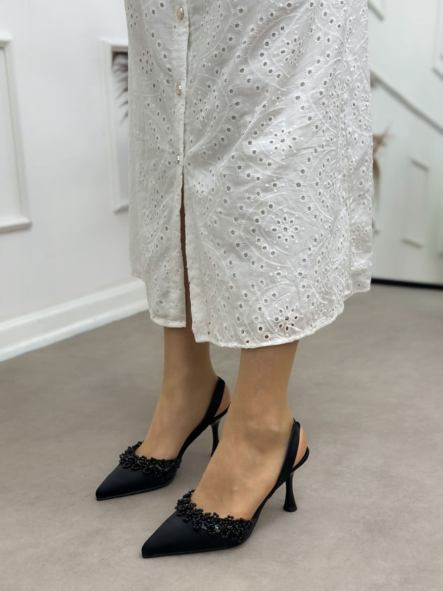 Siyah Saten (Cecily) İnci Detay Kadın Stiletto