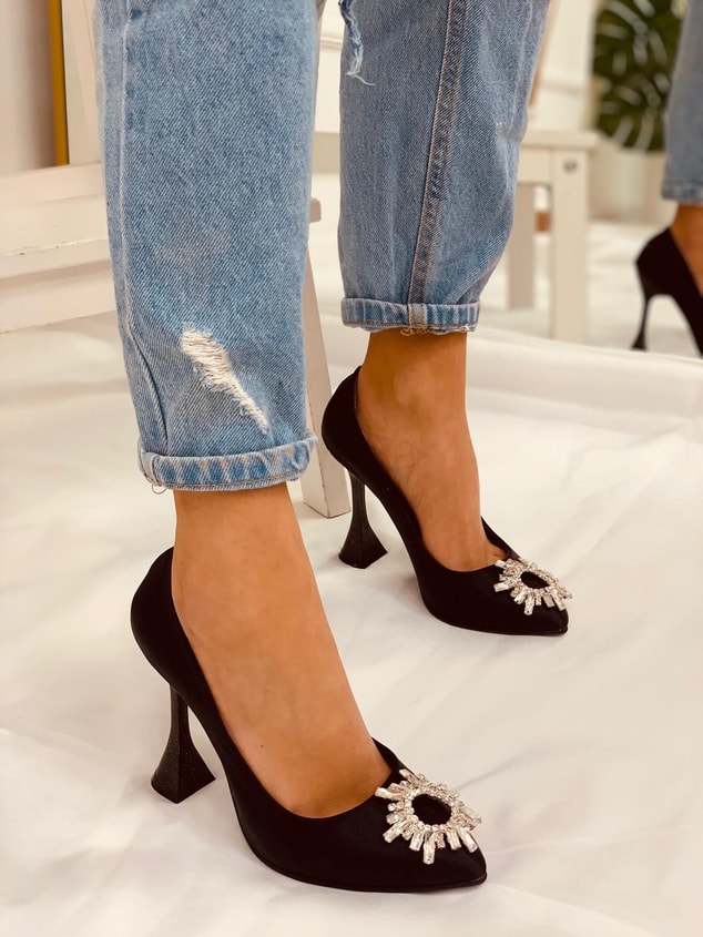 Siyah Saten (Sunx) Büyük Numara Kadın Stiletto