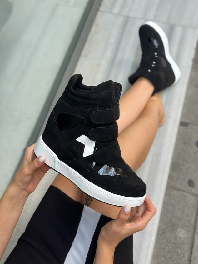 Siyah Süet (İsabe) Gizli Topuk Dolgu Topuk 7 Cm Boy Uzatan Sneakers
