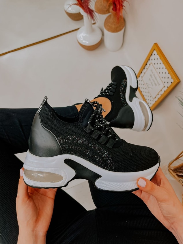 Siyah Triko (Melborn) Taş Detay Kadın Bağcıklı Sneakers