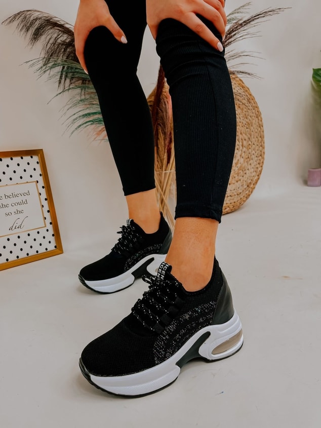 Siyah Triko (Melborn) Taş Detay Kadın Bağcıklı Sneakers
