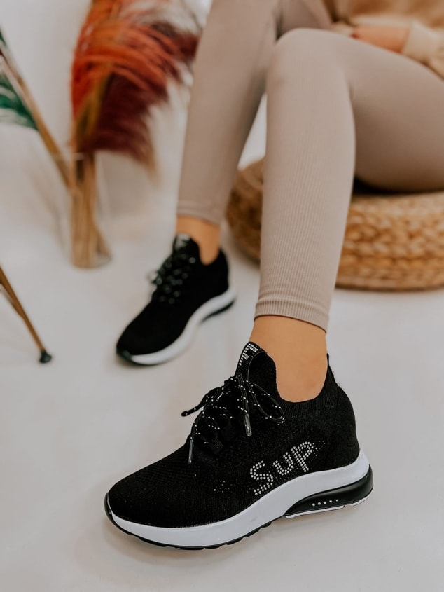 Siyah Triko (Sup) Taş Detay Kadın Bağcıklı Sneakers