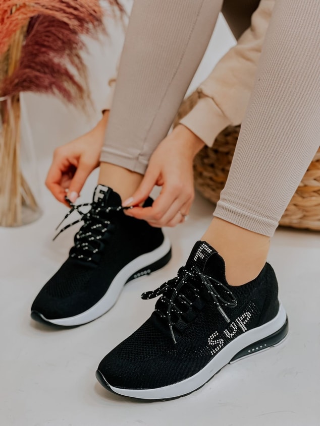 Siyah Triko (Sup) Taş Detay Kadın Bağcıklı Sneakers