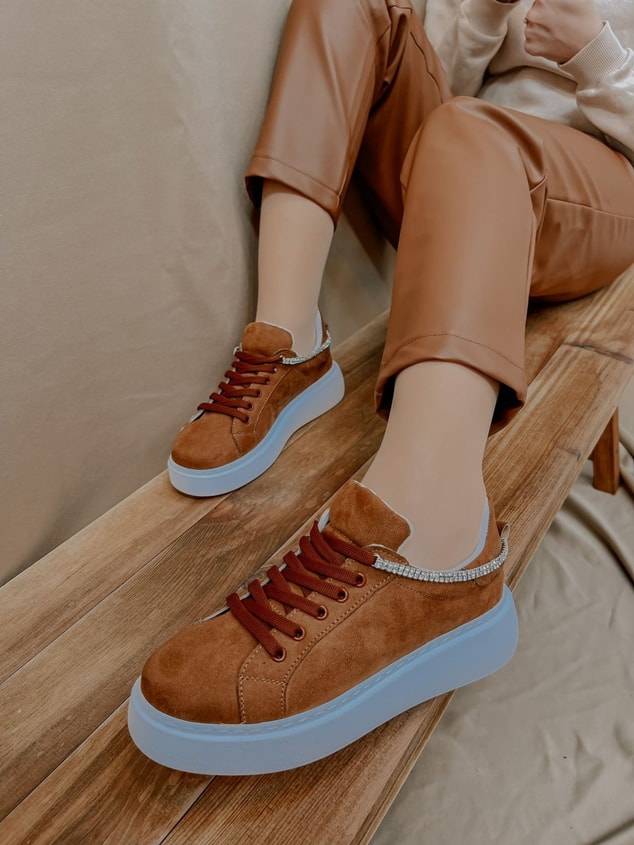 Taba Süet (Jersey) Taş Detay Kadın Bağcıklı Sneakers
