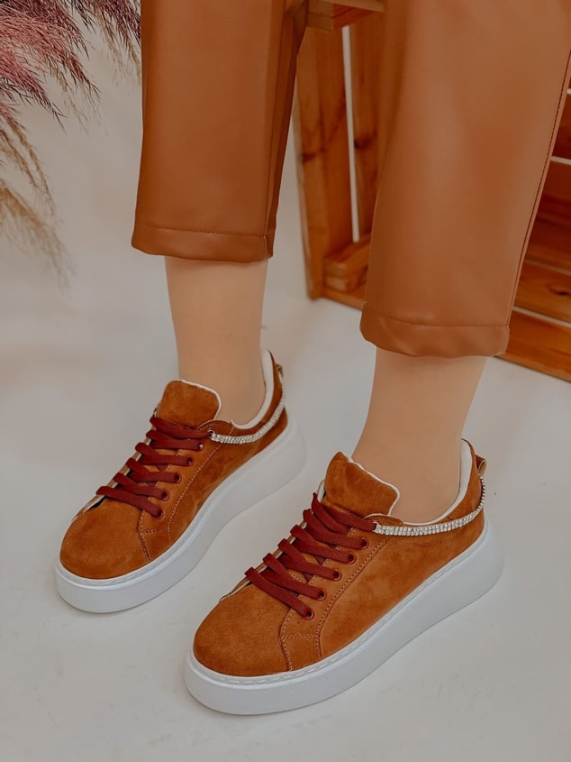 Taba Süet (Jersey) Taş Detay Kadın Bağcıklı Sneakers