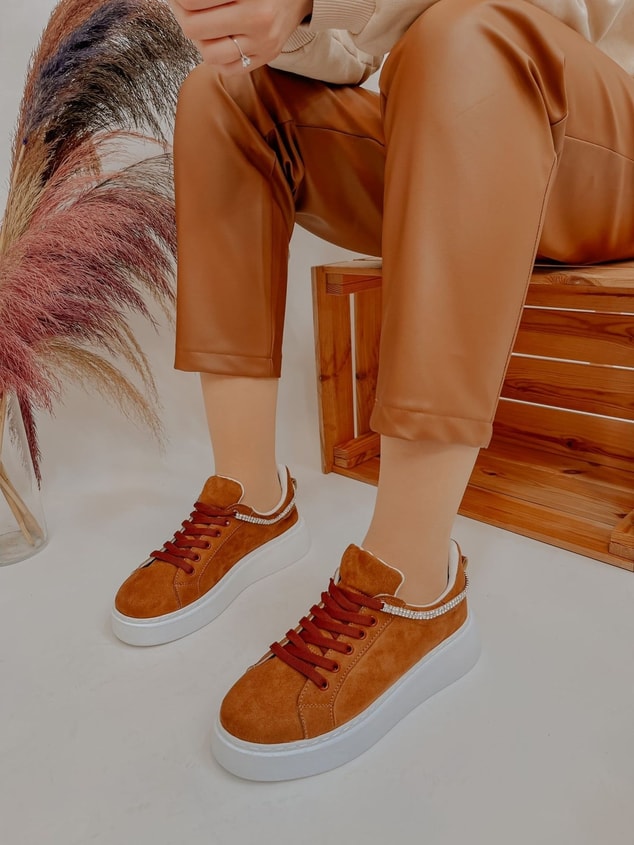 Taba Süet (Jersey) Taş Detay Kadın Bağcıklı Sneakers