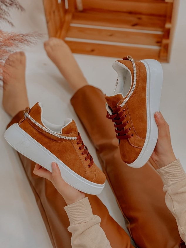 Taba Süet (Jersey) Taş Detay Kadın Bağcıklı Sneakers