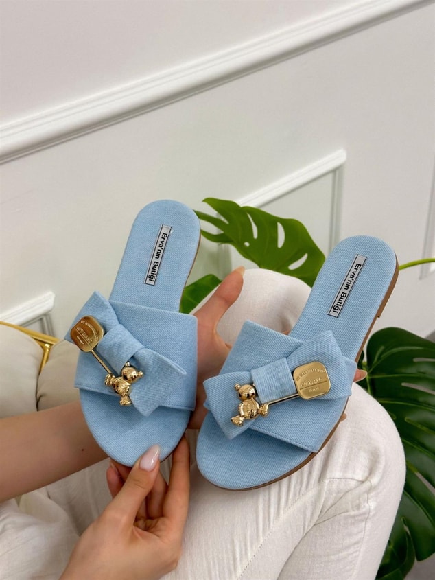 Açık Kot Mavi (Baby Mini) Taş Detay Kadın Terlik