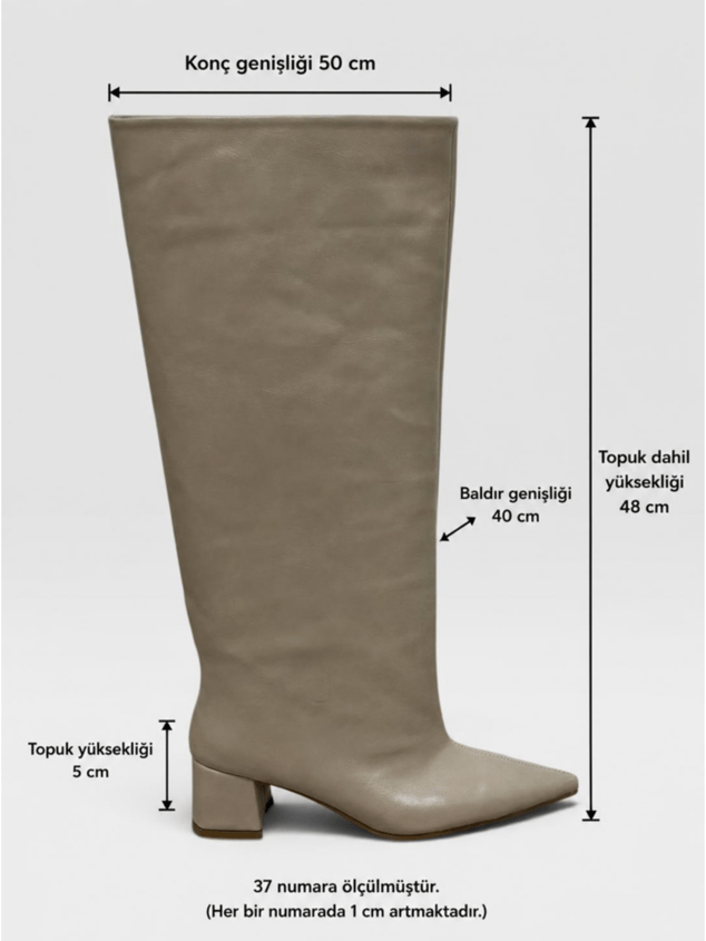 Bej Cilt (Losy) XL Geniş Konç Kalın Bacak 5 Cm Topuklu Çizme
