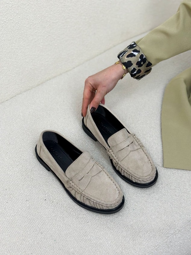 Bej Süet (Barry) Saraç Detaylı Düz Taban Kadın Loafer